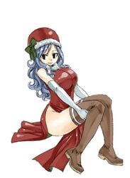 armwear big_breasts black_eyes blue_hair curvy fairy_tail grabbing_legs hips hiro_mashima juvia_lockser legs no_panties pale_skin santa_costume smile thick_thighs thighhighs thighs