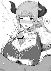 1boy alicia_(granblue_fantasy) blush breasts censored cleavage cum dress earrings ejaculation erection female gloves granblue_fantasy horns jewelry large_breasts long_hair namanie open_mouth paizuri penis pointy_ears pubic_hair red_eyes silver_hair simple_background smile solo white_background white_gloves