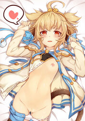 3.14 ahoge anchira_(granblue_fantasy) areola_slip areolae ass_visible_through_thighs bangs blonde_hair blue_ribbon blush breasts cleavage_cutout cowboy_shot cute_fang eyebrows eyebrows_visible_through_hair female fingernails fur_trim granblue_fantasy hair_flaps hair_ornament hairband hands_up heart highres long_fingernails long_sleeves looking_at_viewer loose_clothes lying monkey_ears monkey_tail navel nipples on_back on_bed one_breast_out open_clothes open_mouth panties pants_pull panty_pull pussy pussy_juice red_eyes ribbon short_hair sleeves_past_wrists small_breasts solo speech_bubble spoken_heart stitches stomach thigh_gap unbuttoned underwear white_panties