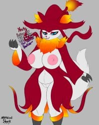 2025 4_fingers anthro areola belly big_areola big_breasts biped blue_eyes breasts canid claws dated english_text exposed_breasts exposed_crotch fangs female female_anthro fingers genitals grey_background hi_res huge_breasts inner_ear_fluff innie_vulva knock-kneed looking_at_viewer mammal monotone_background mythicalshork navel neck_tuft nipple_dip nipples open_mouth open_smile orange_inner_ear_fluff pal_(species) palworld pink_areola pink_nipples pink_tongue pocketpair pointy_ears prick_ears pseudo_clothing red_ears signature simple_background smile solo standing tail talking_to_viewer teeth text tilde_after_text tongue tuft vulva white_arms white_belly white_breasts white_face white_legs white_tail white_thighs white_vulva wixen year