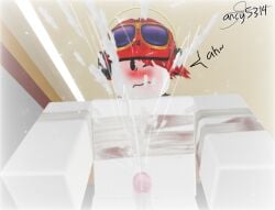 3d bandaged_arm bandaged_chest bandages cum cumming dialogue glasses glasses_on_head low-angle_view male male_only penis red_hair red_hat roblox roblox_oc roblox_studio robloxian tagme white_skin