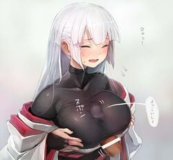 blush bodysuit breast_hold breasts censored closed_eyes covered_nipples female flying_sweatdrops highres japanese_clothes kimono large_breasts long_hair male off_shoulder original paizuri paizuri_under_clothes penis silver_hair straight taishi_(picchiridou) text translation_request tsuru-chan