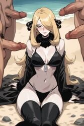 4boys ai_generated beach black_bikini blonde_hair brown_fur cynthia_(pokemon) female gangbang gray_eyes inminent_sex long_stockings pokemon prey smiling surrounded_by_penises white_fur