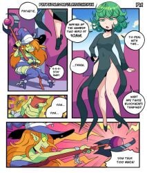 2girls annoyed annoyed_expression bare_thighs casting classychicken34 comic curvy curvy_female dialogue_bubble dress english_text female green_eyes green_hair high_heels hips one-punch_man patreon_url petite petite_female small_ass small_breasts small_thighs tatsumaki tsundere weight_gain_sequence witch witch_hat