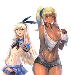 1boy 1girls adonis_belt anchor_hair_ornament androgynous bare_shoulders blonde_hair bow_(bhp) breasts censored collarbone crossdressing cute_fang dark-skinned_female dark_skin elbow_gloves erection female femboy g-string ganguro girly gloves green_eyes gyaru hair_ornament hand_on_own_chest huge_breasts jean_shorts kantai_collection long_hair male miniskirt navel nipples panties penis penis_under_skirt pleated_skirt ponytail precum shimakaze_(kantai_collection) shimakaze_(kantai_collection)_(cosplay) shorts simple_background size_difference skirt smile thong tied_hair trap underwear wavy_mouth whale_tail white_background