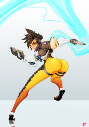 ass bomber_jacket brown_hair dual_wielding eyewear female female_only goggles gun handgun highres hotpinkevilbunny jacket legs looking_at_viewer overwatch overwatch_2 pistol short_hair solo solo_female thighs tracer weapon