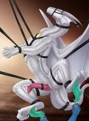4_toes bondage bound claws digital_drawing_(artwork) digital_media_(artwork) dragon enda_myx erection feathers feet feral fred_whitedragon genitals harness hi_res male mythological_creature mythological_scalie mythology offscreen_character paws penis quadruped scales scalie simple_background slit_penis solo spread_wings straps suspension tail tickling tickling_feet toe_claws toes wings