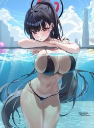 1girl absurdres alternate_costume alternate_hairstyle ball bare_arms beachball bikini black_bikini black_hair black_halo blue_archive blue_sky blunt_bangs blush breasts bright_pupils cleavage cloud cowboy_shot cumulonimbus_cloud curvy day eyelashes female floating_hair hair_behind_ear hair_intakes halo hido88 highres huge_breasts long_hair looking_at_viewer multicolored_halo navel outdoors parted_lips partially_submerged partially_underwater_shot ponytail pool red_eyes red_halo ringed_eyes rio_(blue_archive) sketch skindentation sky solo stomach swimsuit thigh_gap thighs two-tone_halo very_long_hair water white_pupils