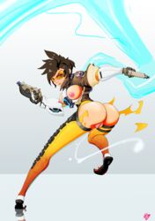 ass bomber_jacket breasts brown_hair dat_ass dual_wielding eyewear female goggles gun handgun highres hotpinkevilbunny jacket legs looking_at_viewer nipples overwatch overwatch_2 pistol pussy pussy_juice short_hair solo thighs tracer weapon