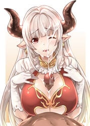 alicia_(granblue_fantasy) blush breasts censored cleavage cum cum_on_hair dress earrings facial female gloves granblue_fantasy horns jewelry large_breasts long_hair looking_at_viewer milf mosaic_censoring mushi024 open_mouth paizuri penis pointy_ears red_eyes silver_hair solo white_gloves