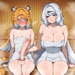 1futa 1futa1girl 1girl1futa 1girls 2girls ahe_gao ai_generated ass blonde_hair breasts cat_ears cat_tail cleavage excessive_cum fellatio female full-package_futa full_face_blush futa_on_female futanari green_eyes head_grab heart-shaped_pupils imminent_sex ju_fufu ju_fufu_(zenless_zone_zero) large_breasts penis pussy sauna sauna_sex size_difference small_breasts smirk stable_diffusion steam steaming_body steamy_breath steamy_penis steamy_pussy swallowing swallowing_cum swallowing_penis_while_deepthroat tiger_ears tiger_girl tiger_tail towel white_hair yellow_eyes yixuan_(zenless_zone_zero) zenless_zone_zero