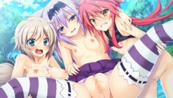 3girls :3 blue_eyes blush bottomless breasts brown_hair censored cum cum_in_pussy cum_on_body cum_on_breasts cum_on_upper_body flat_chest game_cg girl_sandwich grin hair_flaps hairband hand_on_another's_shoulder koihime†_(series) large_breasts long_hair looking_at_viewer maeda_matazaemon_wanko_toshie mosaic_censoring mtu_(orewamuzituda) multiple_girls nipples open_mouth outdoors presenting purple_hair purple_skirt pussy pussy_juice red_hair ribbon-trimmed_legwear ribbon_trim sandwiched sarashi sasa_kuranosuke_wakana_narimasa sengoku_koihime_x sengoku_koihime_~otome_kenran_sengoku_emaki~ shirt_lift short_hair skirt skirt_lift smile spread_legs striped striped_legwear tail takigawa_hikoemon_hina_kazumasu tank_top thighhighs water wavy_mouth