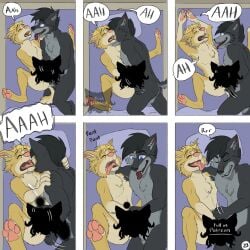 advertisement anthro artist_logo bed bite black_hair blonde_hair blue_eyes border_collie canid canine canis censored cheek_tuft chest_tuft closed_eyes collie comic domestic_dog duo english_text facial_tuft fur furniture grey_body grey_fur hair herding_dog hi_res husky hybrid jeremy_(kriek_wildebeest) kriek_wildebeest logo logo_censor looking_pleasured male male/male mammal moan neck_bite nordic_sled_dog on_bed open_mouth pastoral_dog patreon pawpads sheepdog spitz text tom_(kriek_wildebeest) tongue tongue_out tuft wolf yellow_body yellow_fur