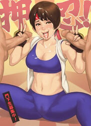 2boys blush breasts brown_eyes brown_hair capri_pants censored cleavage cum cum_in_mouth cum_on_body cum_on_breasts cum_on_hair cum_on_tongue cum_on_upper_body double_handjob double_v eyebrows facial female group_sex handjob headband highres king_of_fighters large_breasts lips maou_alba midriff mosaic_censoring multiple_boys multiple_penises navel open_clothes pants parted_lips penis pussy_juice_stain ryuuko_no_ken short_hair sleeveless smile spandex sports_bra sweat threesome toned tongue tongue_out v yuri_sakazaki