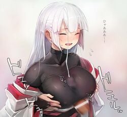 blush bodysuit breast_hold breasts censored closed_eyes cum cum_on_hair cum_through_clothes ejaculation_between_breasts facial female flying_sweatdrops highres japanese_clothes kimono large_breasts long_hair male off_shoulder original paizuri paizuri_under_clothes penis silver_hair straight taishi_(picchiridou) tsuru-chan