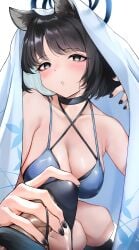 1boy absurdres animal_ear_fluff animal_ears bikini black_eyes black_hair black_halo black_nails blue_archive blue_bikini blue_halo breasts cat_ears cat_girl cat_tail cleavage female fingernails halo handjob highres kikyou_(blue_archive) kikyou_(swimsuit)_(blue_archive) long_fingernails looking_at_viewer medium_breasts murugai official_alternate_costume panties panties_on_penis parted_lips short_hair solo_focus straight swimsuit tail underwear