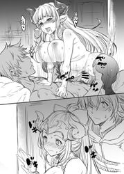 2boys 2girls alicia_(granblue_fantasy) aliza_(granblue_fantasy) arm_support ass bangs blunt_bangs blush bouncing_breasts breasts caught caught_in_the_act comic cowgirl_position draph earrings gloves gran_(granblue_fantasy) granblue_fantasy half-closed_eyes heart-shaped_pupils horns human humanoid indoors interspecies inverted_nipples large_breasts leg_grab long_hair male_human/female_humanoid milf moaning monochrome mother mother_and_daughter motion_lines multiple_boys multiple_girls mushi024 nipples nude open_mouth penis pointy_ears puffy_nipples pussy_juice saliva sex shortstack spread_legs stan_(grandblue_fantasy) straddling sweat symbol-shaped_pupils tears thigh_grab thighhighs thighs tongue tongue_out torogao vaginal_penetration voyeur