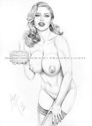 actress armando_huerta bare_shoulders belly breasts cake celebrity earrings female female_only food kate_upton large_breasts legs lips long_hair model monochrome nail_polish navel nipples pussy solo stockings thighs topless vagina watermark