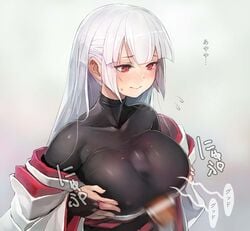 blush bodysuit breast_hold breasts censored covered_nipples female flying_sweatdrops highres japanese_clothes kimono large_breasts long_hair male off_shoulder original paizuri paizuri_under_clothes penis red_eyes silver_hair straight taishi_(picchiridou) tsuru-chan