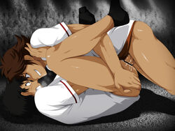 2boys anal anus ass black_hair blush bottomless brown_hair censored cum cum_in_ass cum_while_penetrated dragon_drive drooling erection gradient_background grin hagiwara_daisuke male_only multiple_boys muscle naughty_face oozora_reiji penis rape_face saliva school_uniform sex short_hair smile smirk socks steam student sweat tagme teeth undressing wince yaoi