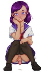 1futa balls bewbz blue_eyes blush cock-tail cum female flat_chest full-package_futanari futa_only futanari intersex looking_at_viewer panties panties_aside penis penis_out precum pubic_hair purple_hair school_uniform schoolgirl serafuku short_hair simple_background smile solo squatting testicles thighhighs transparent_background