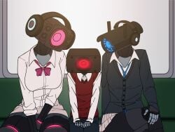 1boy 2girls age_difference aged_down blush blushing_male breasts camera_head camera_woman_(skibidi_toilet) camerawoman_(skibidi_toilet) crossed_legs cute_male dark_speakerman embarrassed female headphones hi_res implied_incest incest male medium_breasts meme_reference multiple_girls school_girl school_uniform schoolboy schoolboy_uniform schoolgirl shorts simple_background skibidi_toilet skirt small_breasts small_waist speaker_woman_(skibidi_toilet) speakerwoman_(skibidi_toilet) sweater teasing thick_thighs tie train train_interior young younger_male