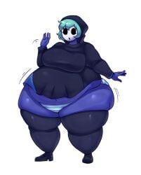 belly black_clothing black_dress blue_skin blueberry_inflation fat fat_ass green_hair inflation misha_(shygal) panties shy_gal sile2011 thick_thighs thigh_highs wide_hips