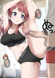 1boy 2girls black_pubic_hair black_sports_bra blue_eyes breasts censored commentary_request erection female gakuen_idolmaster hanami_saki hanami_ume idolmaster large_breasts male male_pubic_hair medium_hair mosaic_censoring multiple_girls penis pubic_hair red_hair sasanon_(sasapoliton) siblings sisters speech_bubble split sports_bra standing standing_on_one_leg standing_split translation_request