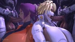2boys 2girls 3d 3d_animation animated animated_gif armor balls big_breasts bleach blonde_hair blowjob breasts busty crossover dark-skinned_female dark_skin fellatio female gif halo_(series) huge_breasts interracial large_breasts light-skinned_male light_skin male penis purple_hair rayhuma shihouin_yoruichi spartan_(halo) tia_harribel