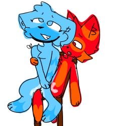 1:1 aquatic_creature blue_body blue_fur bodily_fluids chair chair_position chest_tuft cum cum_inside elemental_creature facial_markings felid feline female fire fire_creature from_behind_position fur furniture genital_fluids head_markings head_tuft hi_res holding_another looking_down_at_another looking_pleasured male male/female mammal markings on_chair open_mouth red_body red_fur sex sitting sitting_on_chair smile tuft