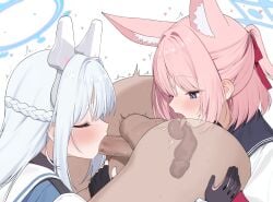 1boy 2girls :>= anilingus animal_ear_fluff animal_ears blue_archive blue_halo blue_serafuku censored erection face_in_ass fake_animal_ears fellatio ffm_threesome fox_ears fox_girl group_sex halo highres large_penis licking miyako_(blue_archive) multiple_girls niko_(blue_archive) oral oral_sandwich penis pink_hair rikoping2000 rimming_male school_uniform serafuku straight sweat tactical_school_uniform teamwork_(sexual) threesome trembling x-ray