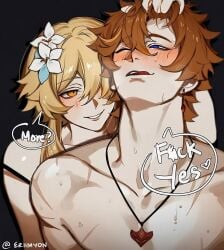 childe_(genshin_impact) couple female genshin_impact hoyoverse loving_couple lumine_(genshin_impact) male tartaglia_(genshin_impact)