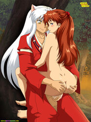 1boy 1girls animal_ears artist_request ass ass_grab asuka_langley_sohryu back balls blue_eyes blush breast_press breasts clothed_male_nude_female clothes clothing color crossover cum female forest grin grinning hair hair_ornament hairclip half-closed_eyes hands_on_ass hentaimatchmakers holding inuyasha inuyasha_(character) juices kimono lifted long_hair male necklace neon_genesis_evangelion nude outside penis red_hair sex standing straight veiny veiny_penis watermark white_hair yellow_eyes