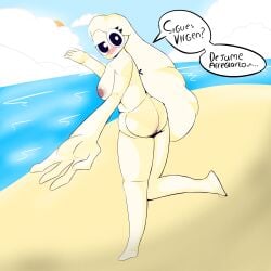 ass ass_focus beach big_ass big_breasts blush blushing_at_viewer boobs_and_butt_pose boobs_out breasts kuxxx long_hair looking_at_viewer looking_back presenting presenting_ass presenting_pussy pussy spanish_text sugestive_pose text text_bubble thighs vagina white_body white_hair white_skin xiaro xiarorule