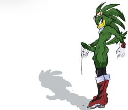 accipitrid accipitriform anthro ass avian babylonian_(sonic) balls beak bird blue_eyes bodily_fluids butt_focus chest_tuft clothing cum cum_drip dripping eyewear eyewear_on_head facing_away_from_viewer feather_markings feathers fur genital_fluids genital_piercing genitals gloves goggles goggles_on_head green_body handwear heehoohaa jet_the_hawk knee_pads looking_away male markings mohawk multiple_piercings navel navel_piercing nipple_piercing nipples penis penis_piercing piercing precum sega solo sonic_riders sonic_the_hedgehog_(series) tail tail_feathers tuft white_body white_fur