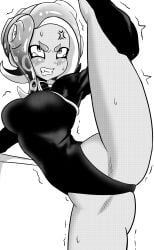 1girls agent_8_(splatoon) blush bodysuit breasts clenched_teeth female large_breasts moodyrover nintendo one_leg_up short_hair solo splatoon splatoon_2 sweat tears tentacle_hair