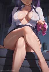 ai_generated breasts busty collarbone collared_shirt commission crossed_legs female fingernails head_out_of_frame holding indoors julianne_stingray large_breasts long_hair nail_polish no_bra office_lady open_shirt patreon patreon_url patreon_username purple_hair see-through shirt sinderellaart sitting solo thick va-11_hall-a video_game_character video_games voluptuous wet wet_shirt white_shirt