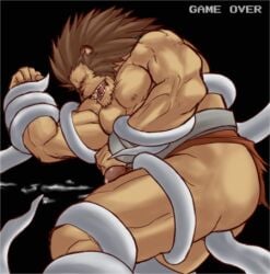 1boy animal_ears bara bare_pectorals biceps black_background bound bound_arms bound_legs closed_eyes commentary_request cum erection furry furry_male game_over gay leo_(warzard) lion_boy lion_ears lion_mane lowres magnum_feering male_focus male_only muscular muscular_male nipples open_mouth pectorals penis red_loincloth saliva scar scar_on_face scar_on_nose tentacle tentacle_sex topless_male warzard
