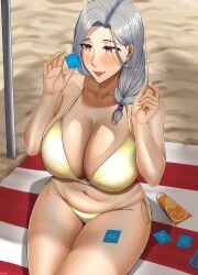 1girls beach beach_towel big_breasts bikini bikini_bottom bikini_top broken_condom condom condom_wrapper condoms gilf gray_hair grey_hair huge_breasts manipulation mature_female milf n0n_001 nak_(n0n_001) needle pierced_condom sabotaged_condom solo sweat sweatdrop sweating sweaty tagme white_hair wrinkles