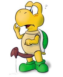 anatomically_correct anatomically_correct_genitalia animal_genitalia animal_penis anthro blush bodily_fluids clothing cum flying_sweatdrops footwear genital_fluids genitals inept_techno koopa koopa_troopa leaking_cum male mario_bros nintendo open_mouth penis reptile scalie shaded shell shoes solo standing sweat sweatdrop tail turtle turtle_penis yellow_body yellow_skin