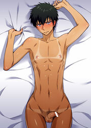 bar_censor black_hair blush embarrassed erection gintama hijikata_toshiro inukkoro looking_at_viewer male male_only muscle nipples nude penis sheet_grab small_penis solo sweatdrop tan tanline testicles toned toned_male twink wide_hips