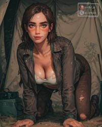 1girls ai_generated aisinful all_fours big_breasts breasts brown_hair ellie_(the_last_of_us) ellie_williams female female_only freckles hi_res large_breasts medium_breasts solo the_last_of_us the_last_of_us_2 thick_thighs thighs wide_hips