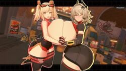 2girls 3d 3d_model 3d_render big_breasts big_cleavage blonde_female blonde_hair blonde_hair_female blush breasts breasts_bigger_than_body breasts_bigger_than_head breasts_bigger_than_torso breasts_on_another breasts_out breasts_out_of_clothes breasts_outside burnice_white caesar_king cleavage cyshen eyewear_on_head female fingertips_touching fully_clothed gigantic_breasts glowing_eyes green_hair holding hoyoverse large_ass large_breasts large_butt large_thighs movement_lines orange_eyes pressing_against pressing_breast_on_partner pressing_breasts pressing_breasts_together shades shades_above_head short_hair smile smiling smiling_at_viewer thick thick_thighs thigh_highs thighhighs thighs twintails watermark weird_proportions white_outline zenless_zone_zero