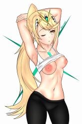 1girls armpits arms_behind_head arms_up big_breasts black_legwear blonde_female blonde_hair breasts core_crystal core_crystal_(xenoblade) female gym_clothes gym_clothing gym_topwear hairband leggings long_hair mythra mythra_(xenoblade) nintendo ponytail ponytail_female shiomidark stretching sweat sweatdrop sweating thighs topwear xenoblade_(series) xenoblade_chronicles_2