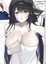 1girls black_hair blood blue_hair blush breasts cleavage covering dialogue ewn fainted hololive hololive_english jailbird_(nerissa_ravencroft) long_hair naked nerissa_ravencroft nosebleed nude passed_out red_eyes sweat text virtual_youtuber