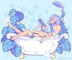 bath bathtub blue_eyes blue_hair female furina_(genshin_impact) genshin_impact grey_hair hoyoverse neuvillette_(genshin_impact) white_hair
