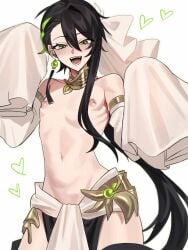 1boy amemanpo black_hair blush detached_sleeves earrings femboy green_eyes green_hair heart long_hair looking_at_viewer male_focus multicolored_hair navel original_character sleeves_past_wrists solo streaked_hair topless white_background