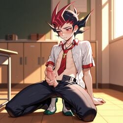 aged_up ai ai_generated anime anime_character classroom masturbation neck_tie school_uniform shirt_open tie unbuttoned_pants unbuttoned_shirt yu-gi-oh! yuma_tsukumo