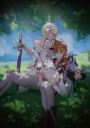 childe_(genshin_impact) couple female genshin_impact hoyoverse loving_couple lumine_(genshin_impact) male tartaglia_(genshin_impact)