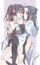 2boys aged_down ahoge anal bare_legs bare_pectorals bare_shoulders bite_mark black_hair black_hanfu blush bound bound_wrists breasts bulge chinese_clothes convenient_censoring dated ear_blush erection erection_under_clothes eye_contact groping hair_between_eyes hair_ribbon hand_on_another's_chest hand_on_another's_shoulder hanfu hickey highres hug hug_from_behind implied_sex kimako_(kimako_8) lan_wangji long_hair long_sleeves looking_at_another modao_zushi multiple_boys off_shoulder open_clothes open_mouth open_robe otoko_no_ko parted_lips partially_undressed pectorals pelvic_curtain ponytail purple_background purple_eyes red_ribbon ribbon robe sash sex sex_from_behind side_slit simple_background sleeves_past_wrists smile standing sweat topknot twitter_username watermark wei_wuxian white_hanfu wide_sleeves yaoi yellow_eyes